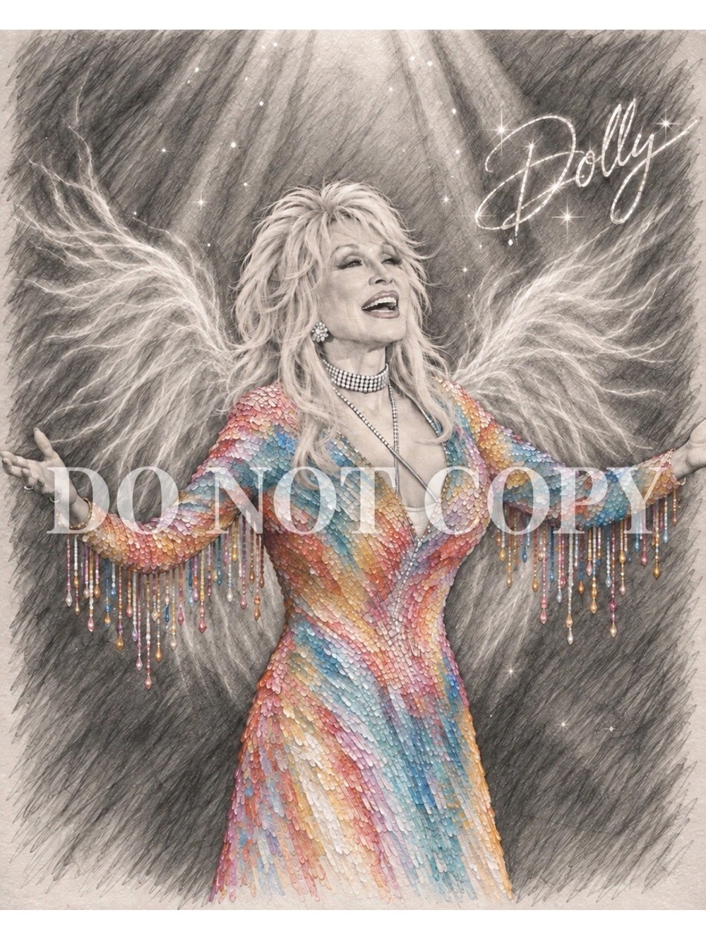 Dolly Parton Angel Wings Art Print 8x10 Rainbow Country Music Wall Decor